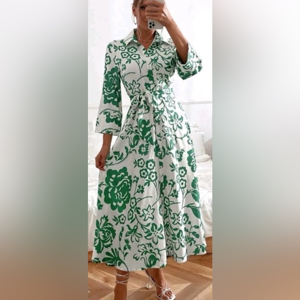 Zara Poplin Cotton Belted Midi Shirt Dress Size XS White Green Print FITS SMALL